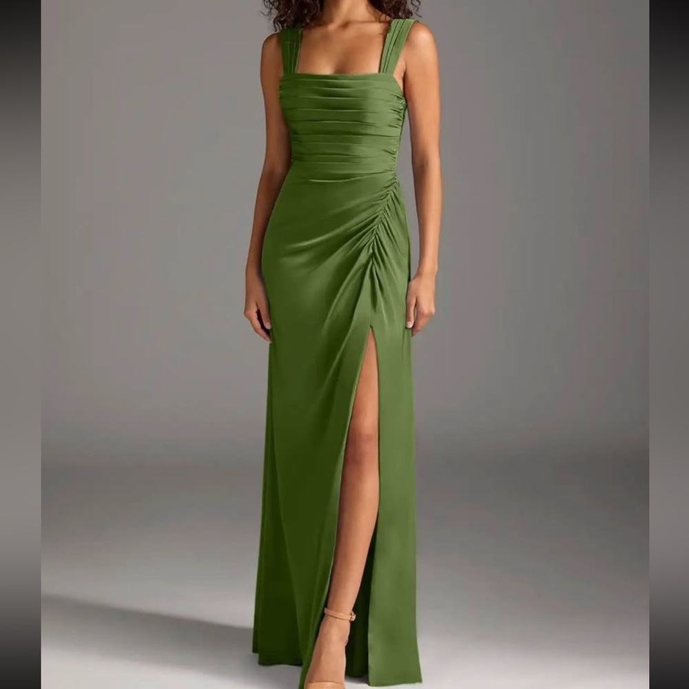 Azazie Olive Green Ruched Square-Neck Maxi Dress